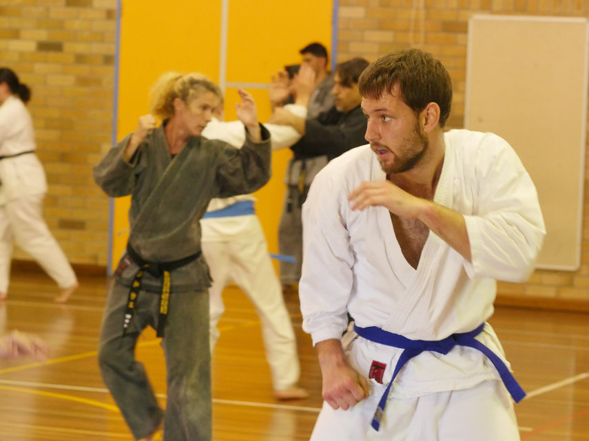 Blue belt martial artist sparring at grading